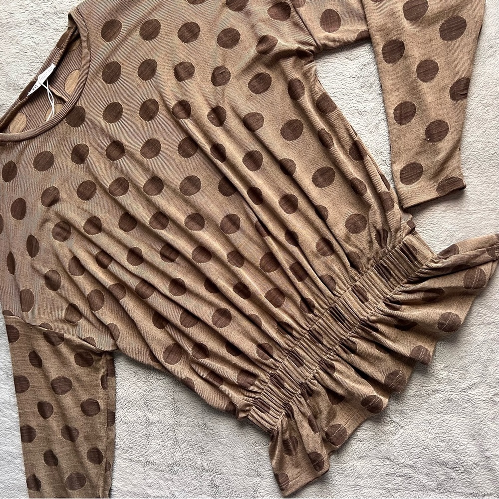 Zara Polka Dot Draped Knit Long Sleeve Ruched Frilled Hem Pullover Top Brown Tan